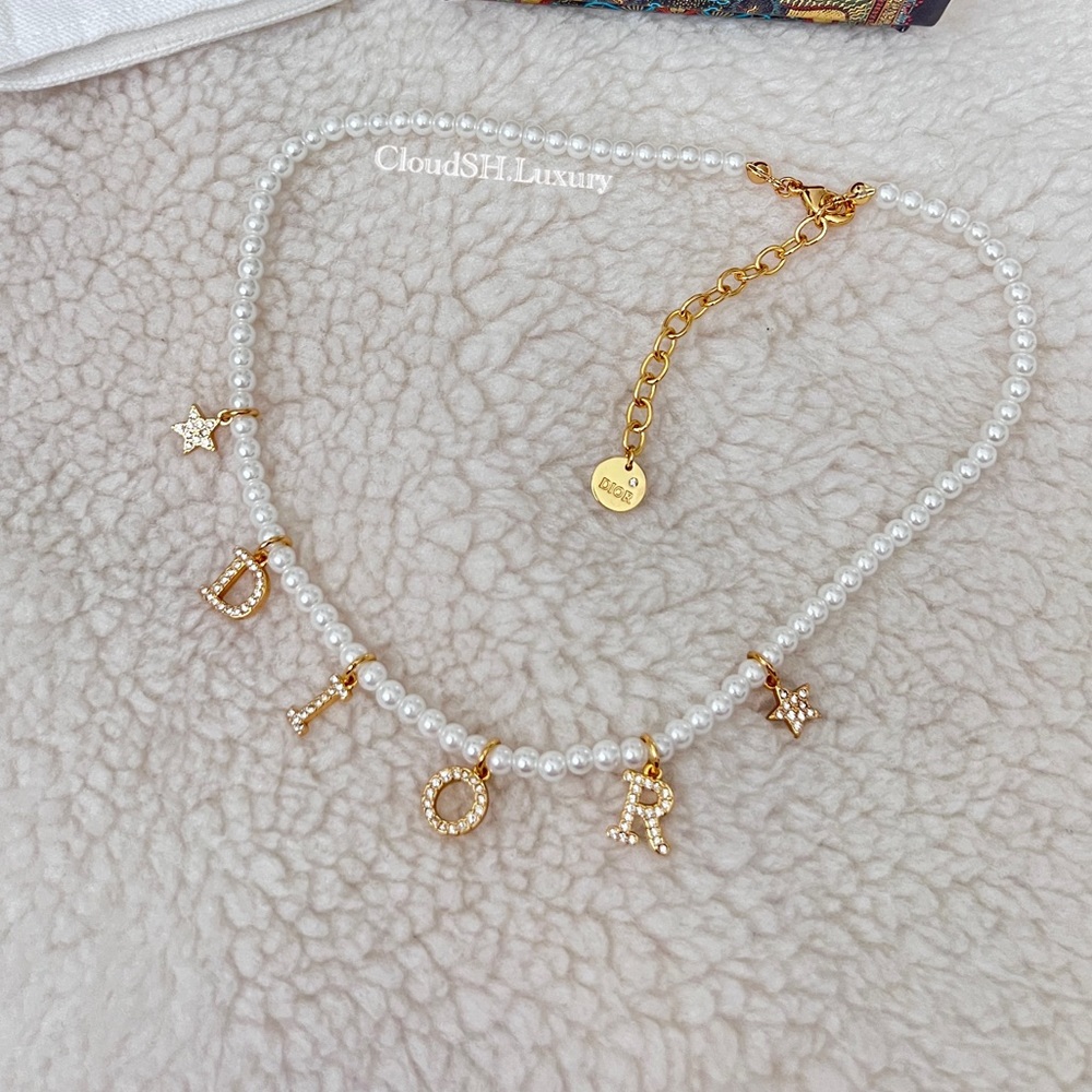 Auth Dior Pearl Crystal Logo Necklace -Excellent Rare
